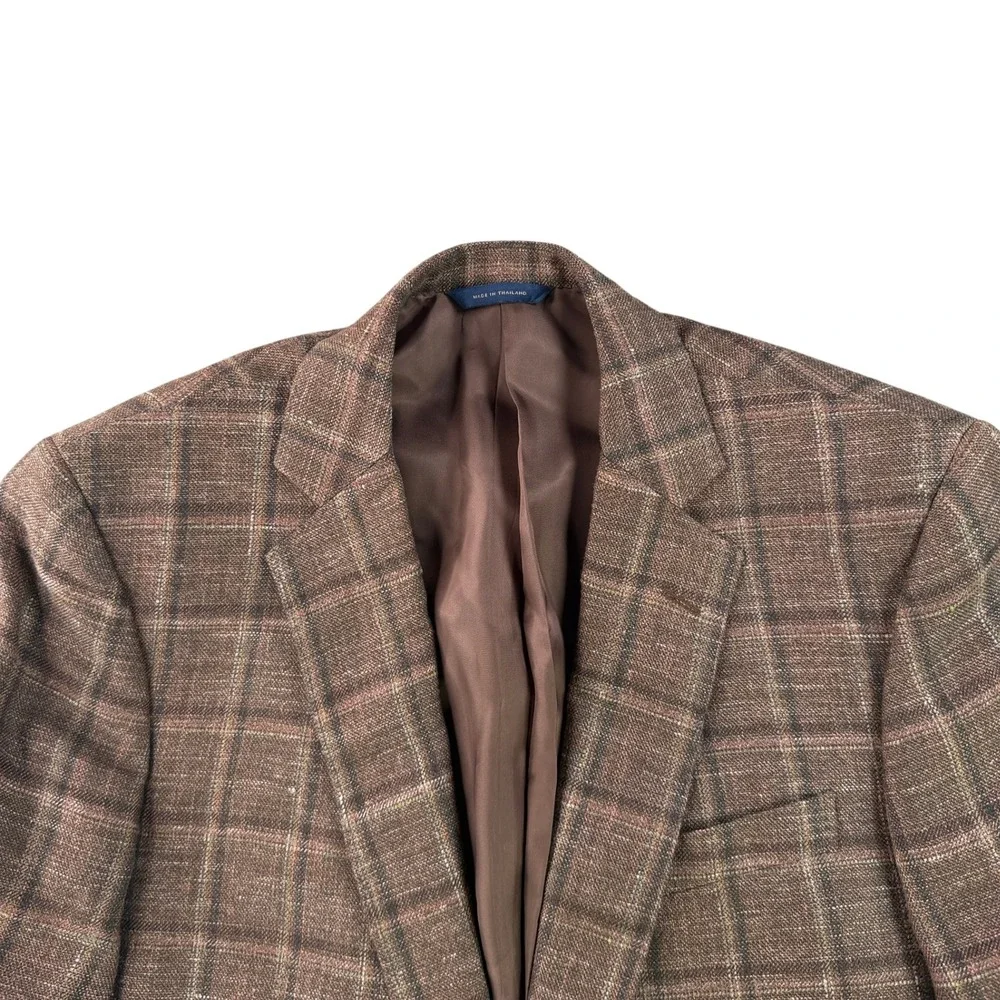 Brooks Brothers Sport Coat Mens 42L Brown Regent Plaid Wool Silk Linen E. Thomas
